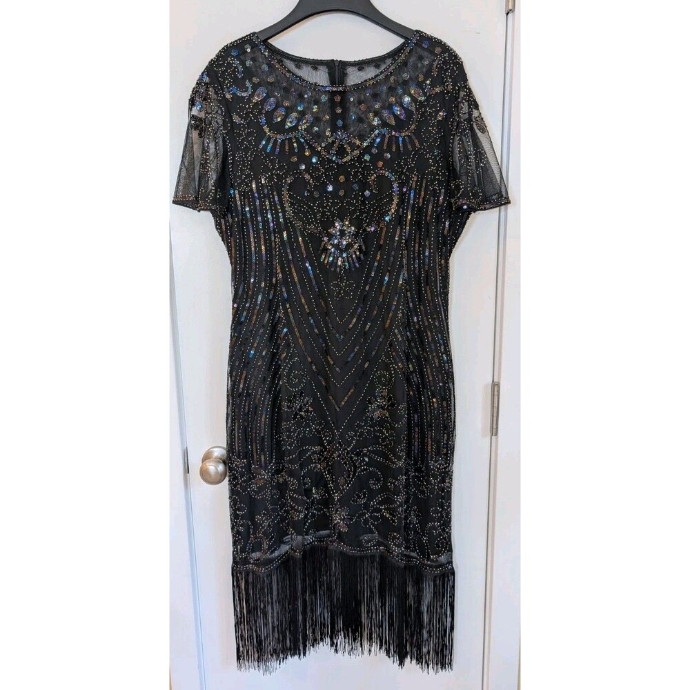 Gatsby Dress 1920's Flapper Costume 2X Black Sequins Beaded Iridescent Fringe
